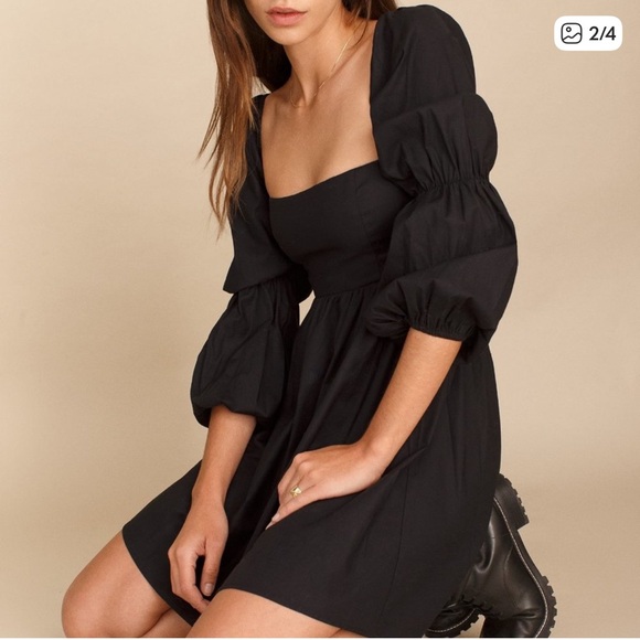 Reformation Michaela Black Smocked Mini Long Sleeve Dress - Picture 2 of 9
